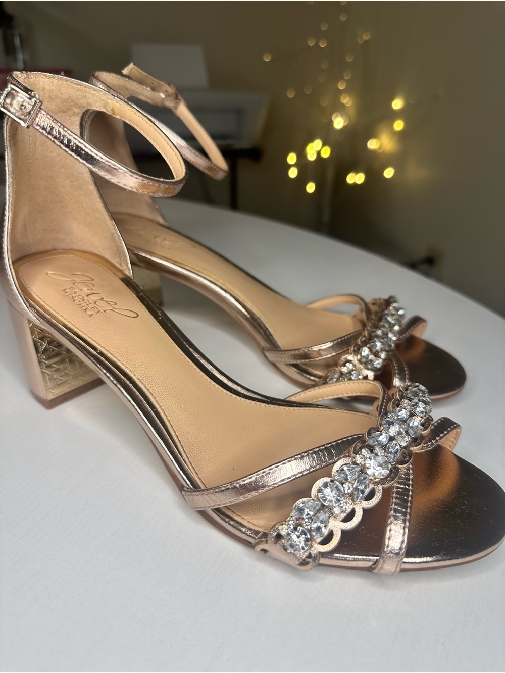Jewel Badgley Mischka Rose Gold Crystal-Strap Block Heels